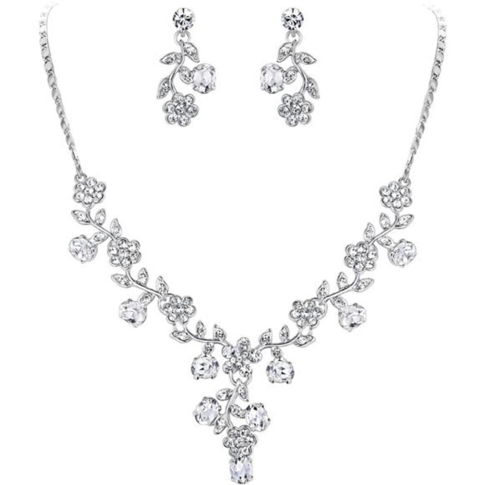 EVER FAITH Bridal Jewelry Sets for Wedding Rhinestone Crystal Flower Leaf